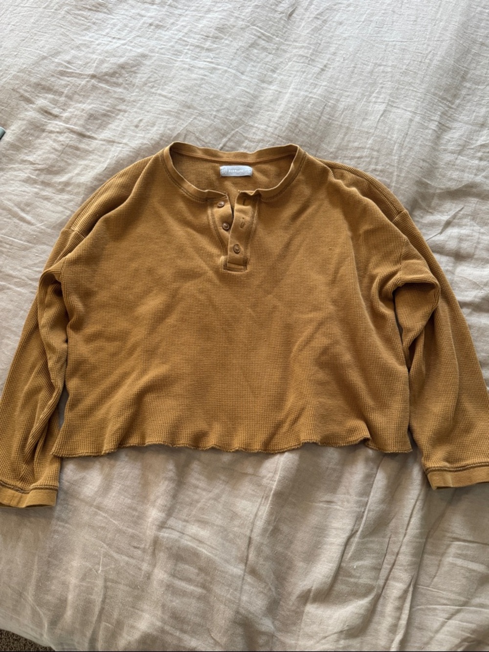 Everlane Cropped Waffle Knit Henley Top - Mustard
